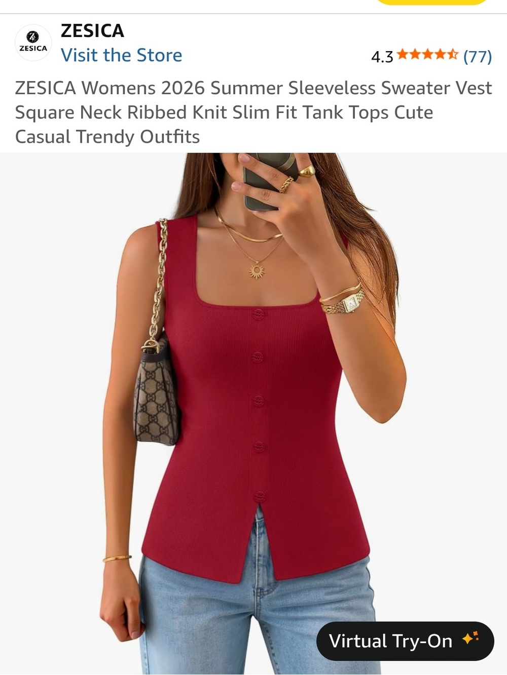 Women's Square Neck Ribbed Button Tank Top - Red - Picture 4 of 4